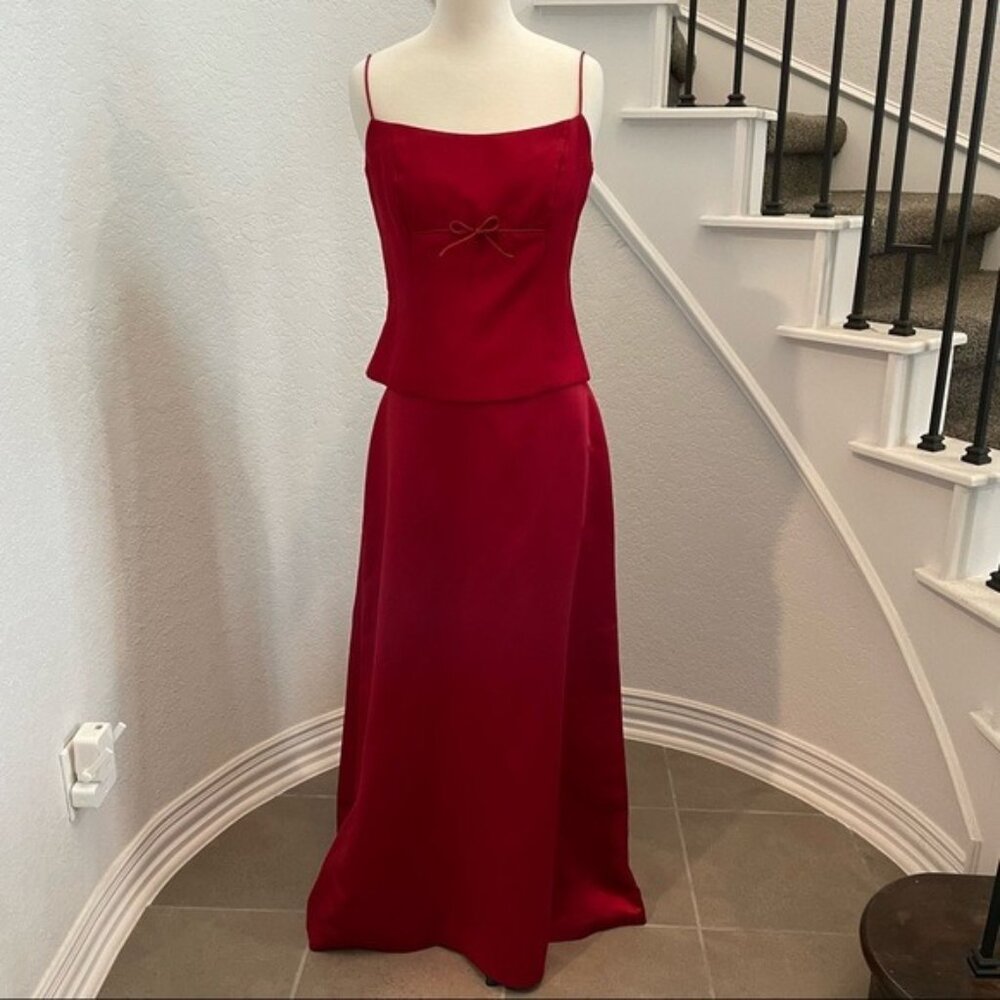 After Six formal two piece skirt/top dress w/spaghetti straps & thin bow detail.